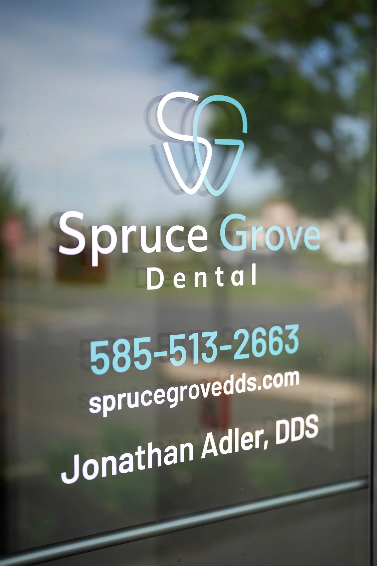 Spruce Grove Dental logo and contact information on the glass entry door