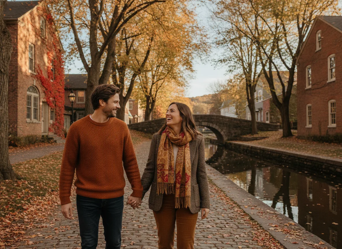 Family walking together along a canal-town waterfront in Fairport, NY