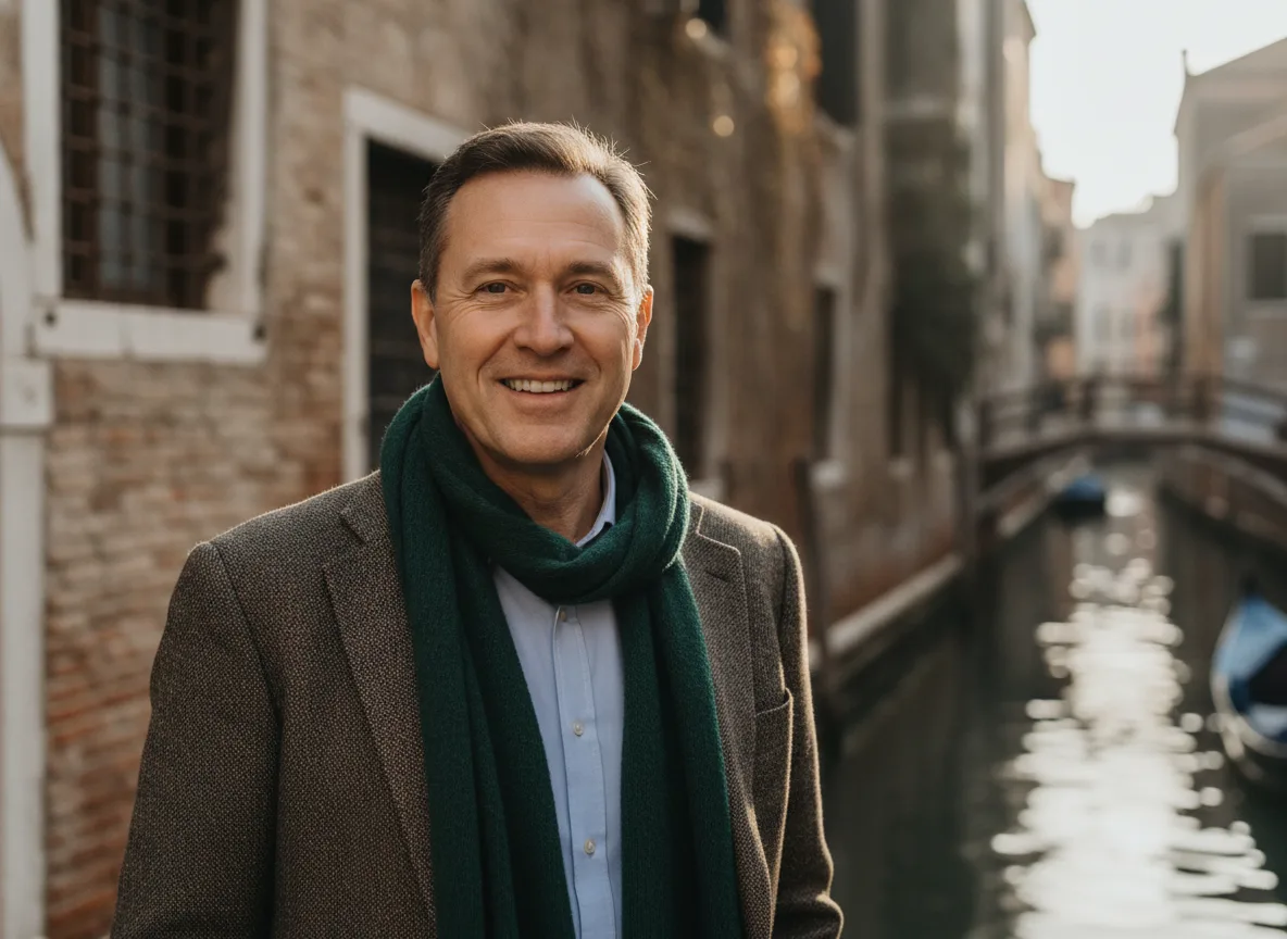 Smiling man outdoors in a town setting