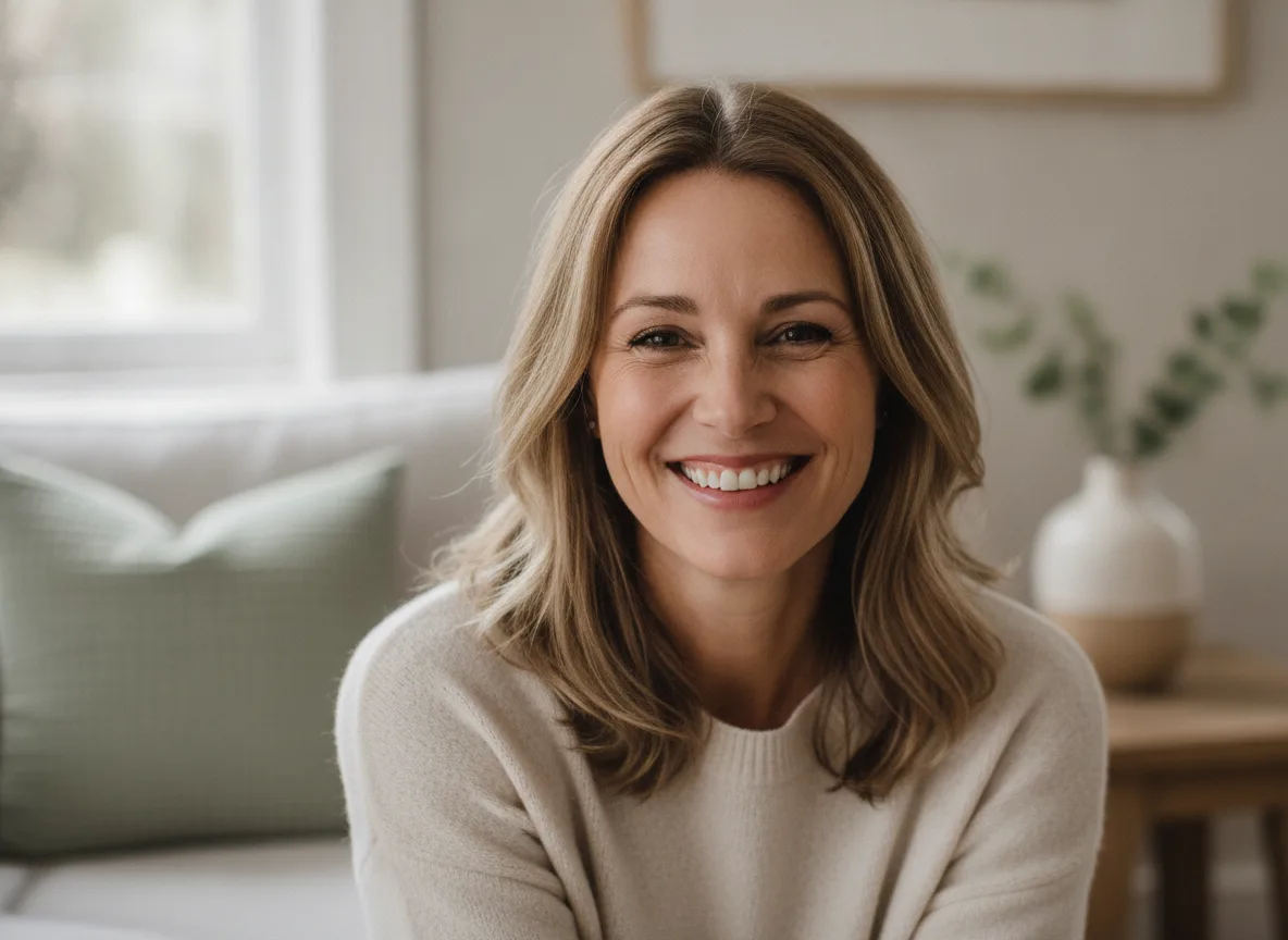 Relaxed woman smiling genuinely at home