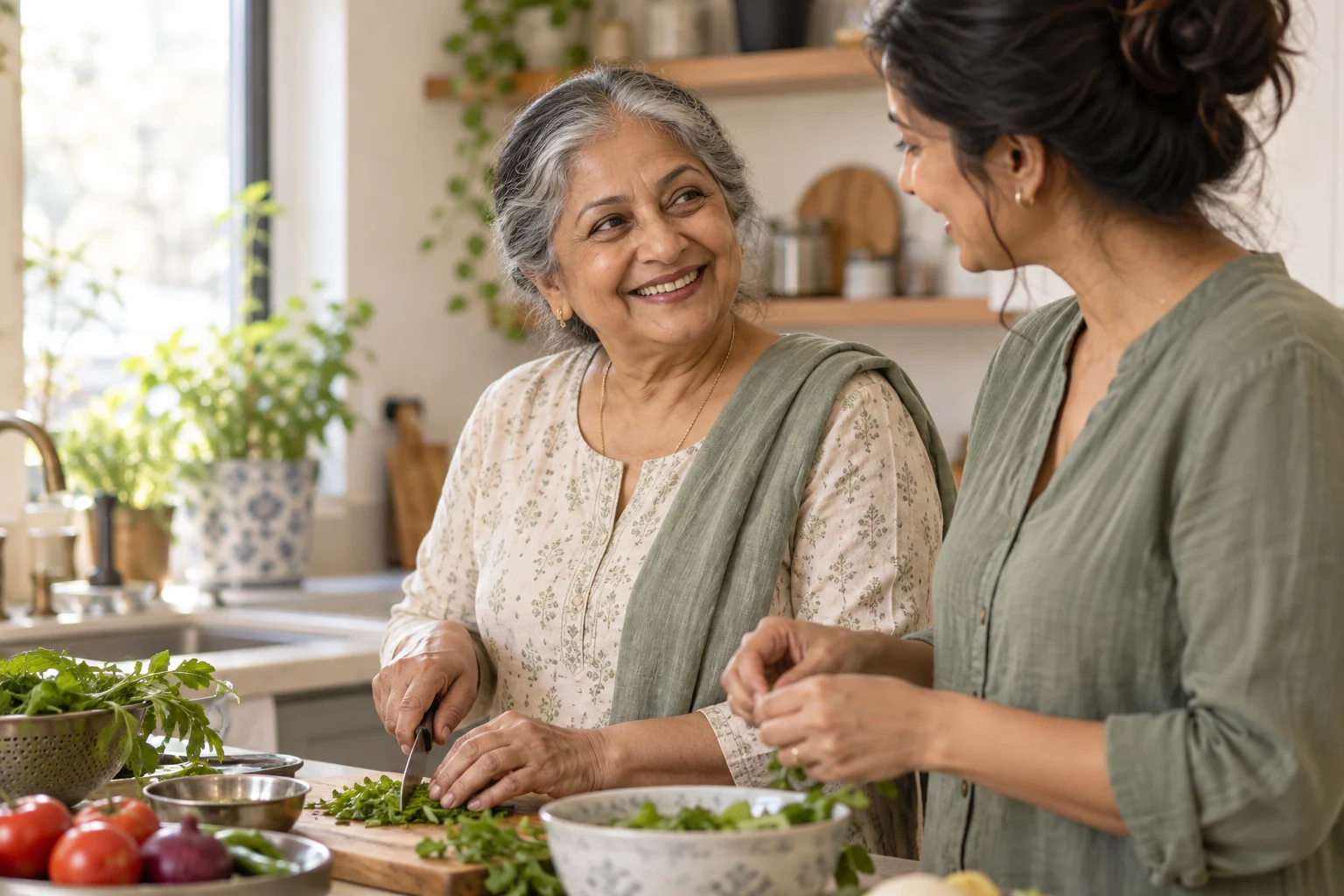 Older woman smiling with her adult daughter while preparing a meal