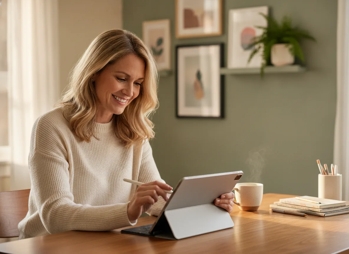 Woman reviewing a payment on a tablet at home