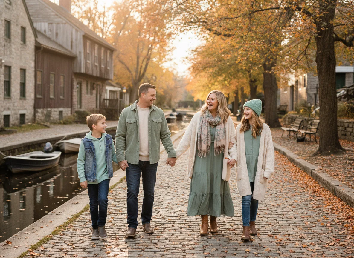 Family with older kids enjoying an autumn walk outdoors