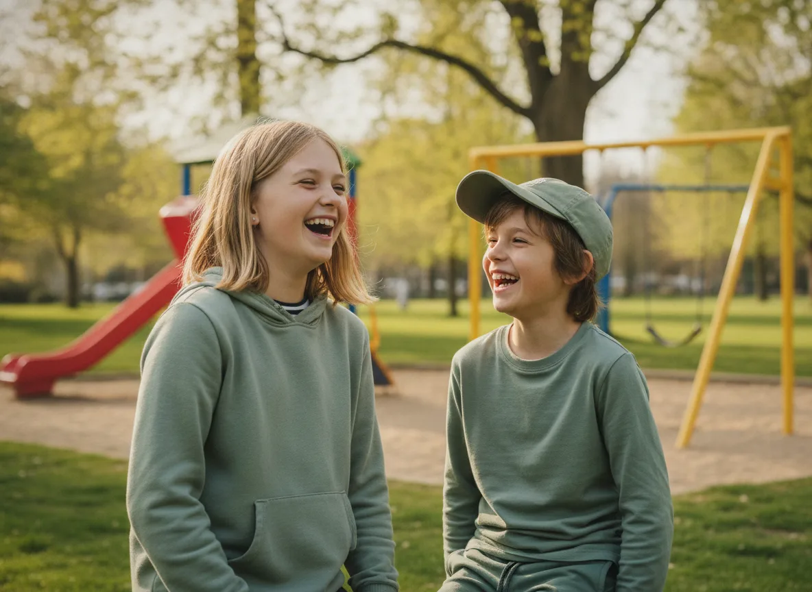 Two smiling children laughing together outdoors