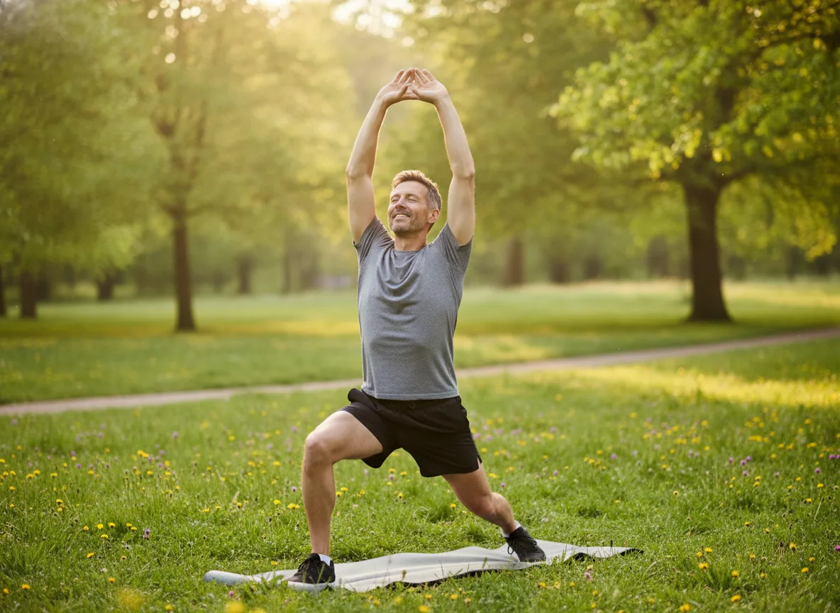 Energetic man stretching outdoors in the morning sun